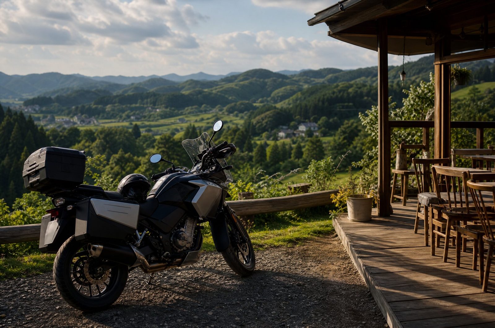 山あいのカフェのテラス脇に停められたツーリングバイクと、緑の谷の風景