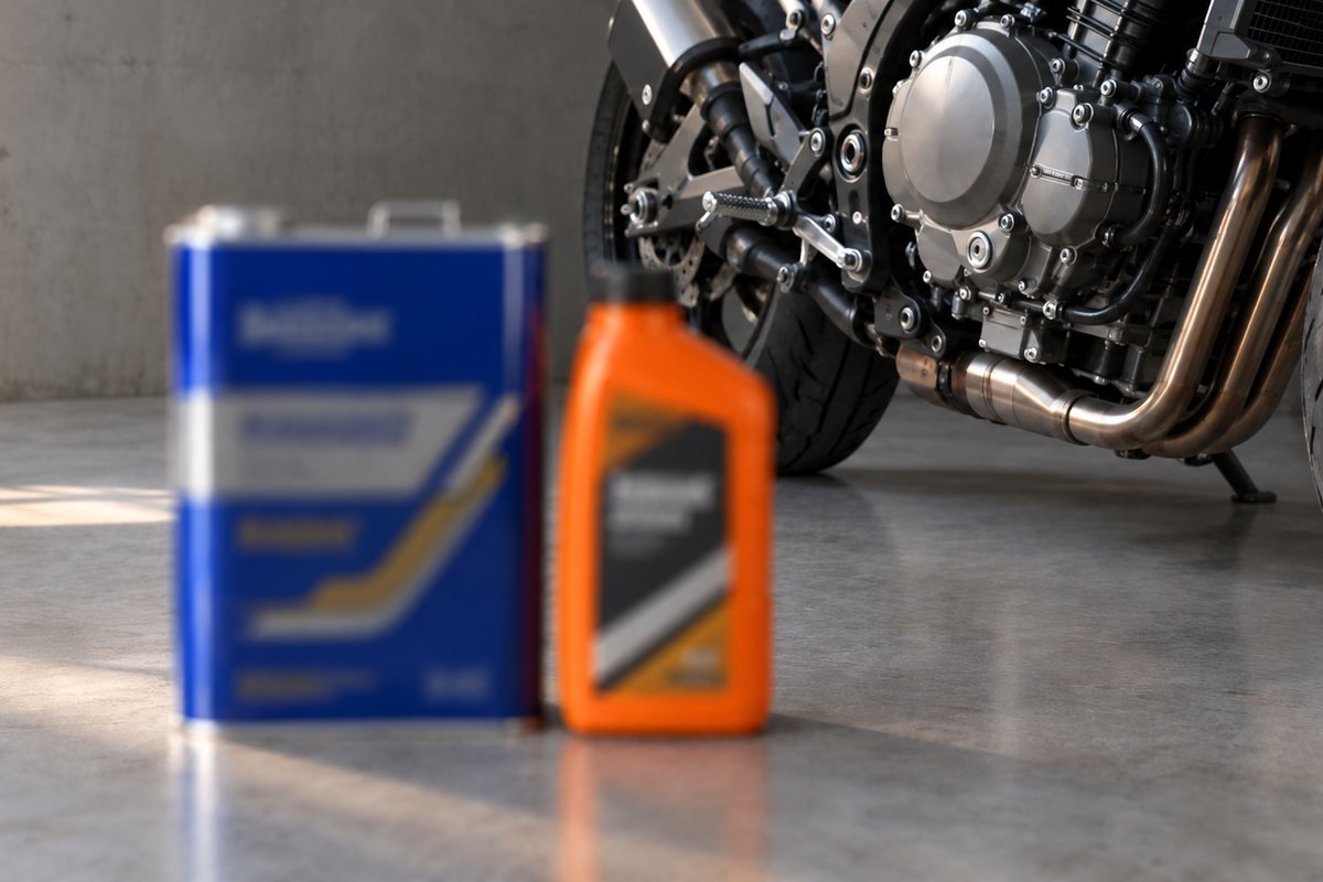 コンクリートの床に置かれた、青い4リットルのオイル缶とオレンジ色の1リットルのオイルボトル。奥に、バイクのエンジンとクラッチカバー、エキゾーストパイプが見える