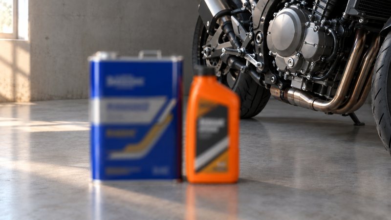 コンクリートの床に置かれた、青い4リットルのオイル缶とオレンジ色の1リットルのオイルボトル。奥に、バイクのエンジンとクラッチカバー、エキゾーストパイプが見える