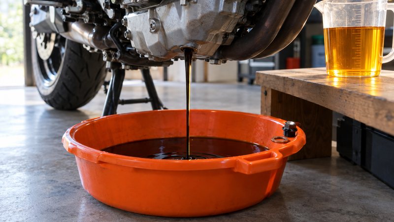 バイクのエンジンの下で、黒くなったオイルがドレンボルトの穴からオレンジ色の廃油受けに流れ落ちている。横の木の台には、琥珀色の新しいオイルが入った計量ジャグ