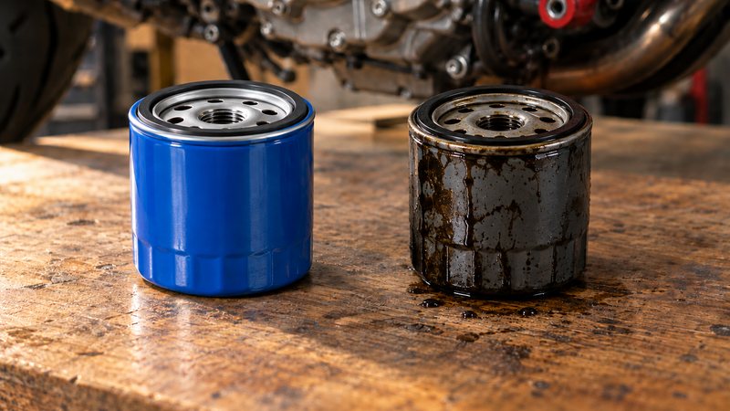 木の作業台に並んだ、新しい青いオイルフィルターと、外したばかりの油にまみれた古いフィルター。奥にバイクのエンジンと赤いフレームがぼやけて見える