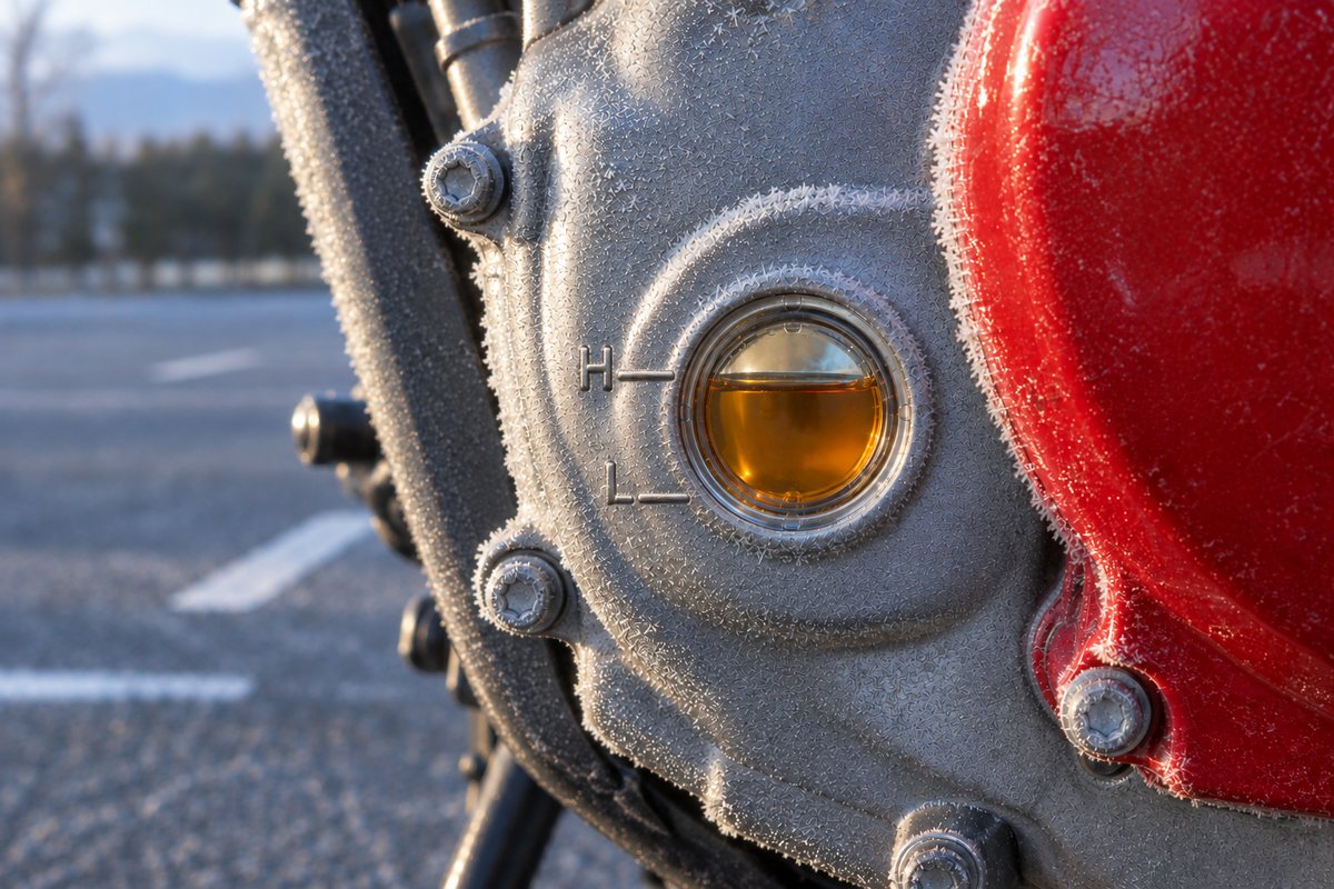 霜の降りた朝の駐車場で、赤いバイクのエンジン側面にある、琥珀色のオイルが見える点検窓