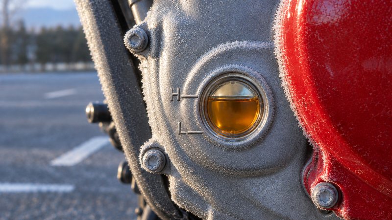 霜の降りた朝の駐車場で、赤いバイクのエンジン側面にある、琥珀色のオイルが見える点検窓