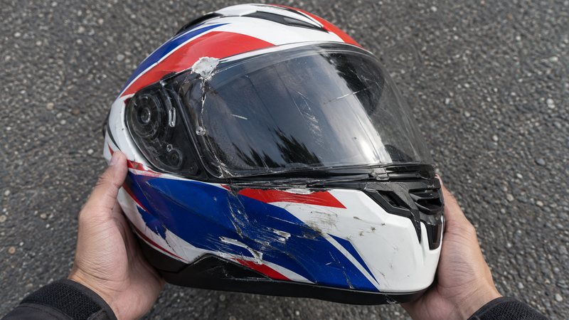 コンクリートの駐車場に置かれた、あごの部分に小さな擦り傷のある青とオレンジのフルフェイスヘルメットと、停めたバイクの足元