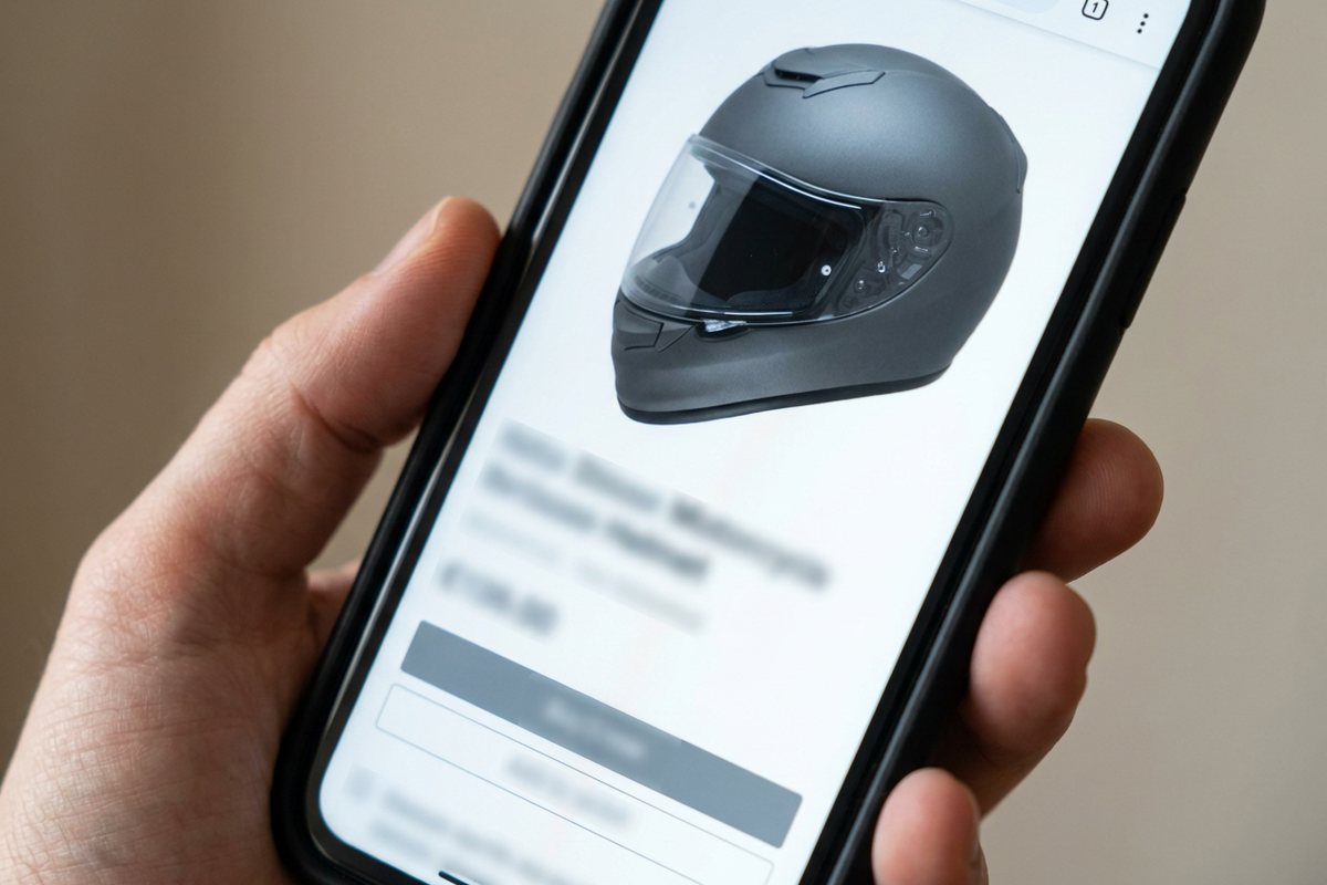 グローブをはめた手で持たれた赤と黒のフルフェイスヘルメット。奥に停めたバイクがぼやけて見える