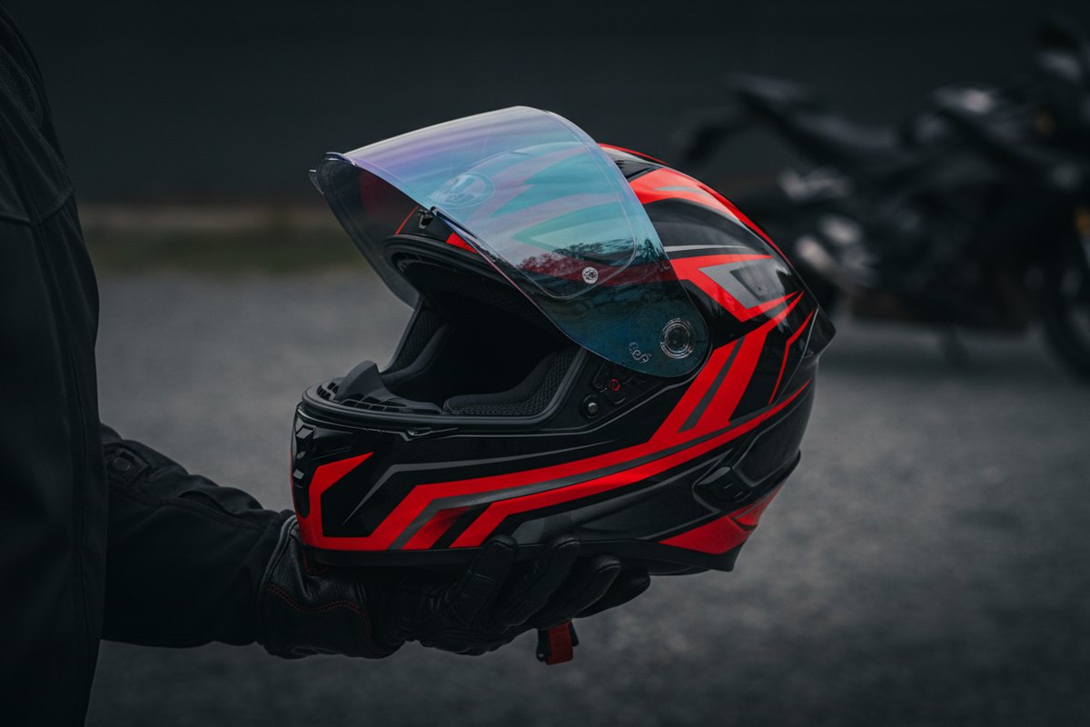グローブをはめた手で持たれたフルフェイスヘルメット。奥に停めたバイクがぼやけて見える