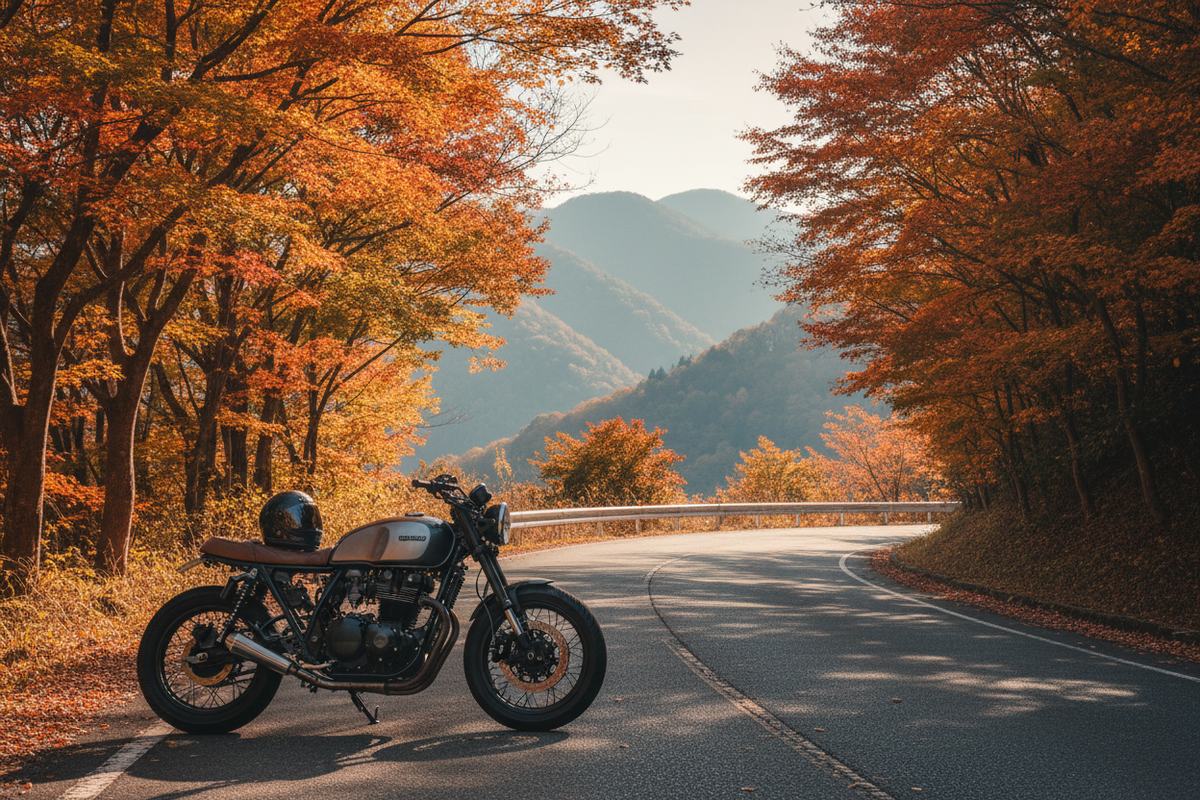 紅葉の峠道の路肩に停められたバイクと、シートに置かれたヘルメット