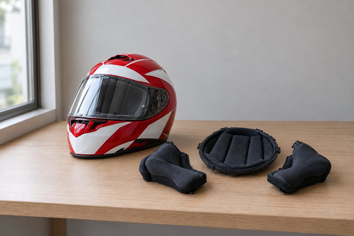 窓辺の棚に置かれた、内装を外したフルフェイスヘルメットと、取り外したチークパッド