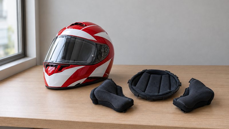 窓辺の棚に置かれた、内装を外したフルフェイスヘルメットと、取り外したチークパッド