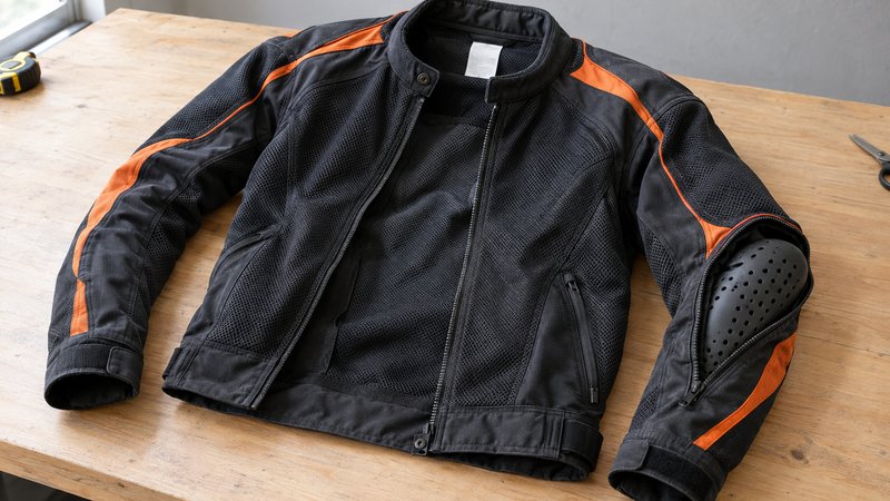 作業台に置かれた、オレンジの差し色が入った黒いメッシュのバイクジャケット。肘のポケットからプロテクターが半分引き出され、襟の内側に文字の読めない白い縫い付けラベルが見える
